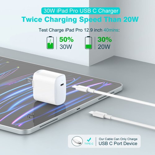 30W USB C Charger for iPad Pro 13, 12.9, 11 inch 2024 2023 2022 2021 2020 2019 M4 M2 M1, iPad Air 5 4, Mini 6, A17 Pro, iPad 10, MacBook Air, iPhone 16 15, Pixel 8 7 Pro, 6.6ft USB-C Cable