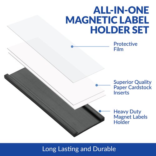 50 Pack "C" Channel Magnetic Label Holders 1x3 with 100 White Card Inserts, 50 Clear Plastic Protectors and Bonus 20 Colorful Cardstock Inserts in Blue, Green, Yellow and Red - Double-Sided Cards