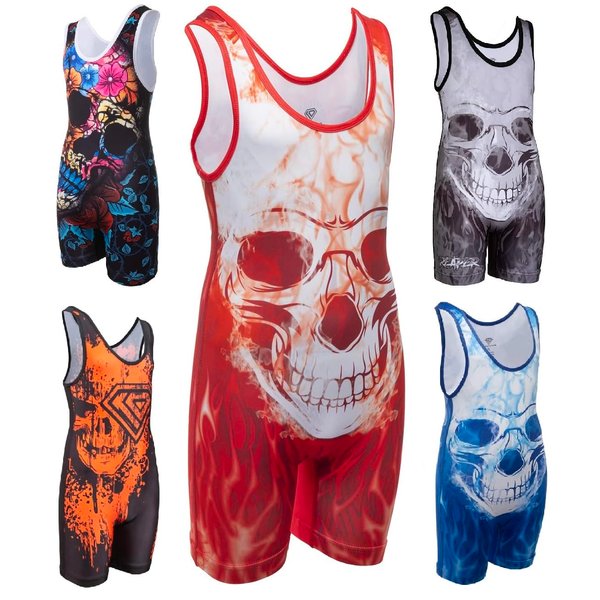 KO Sports Gear - Unisex Wrestling Singlet (Red Skull, Adult Medium)