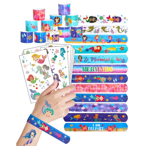 WENTIYA 240 Pieces Mermaid Temporary Tattoos Themed Birthday Party Favors Supplies Decorations, Mermaidl Tattoo Stickers Gifts For Game Prizes Reward (Temporary Tattoos & Slap Bracelets Wristbands)