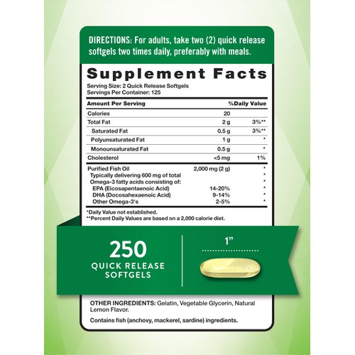 Nature's Truth Burpless Fish Oil Pills 2000 mg | 600 mg Omega 3 | 250 Softgels | Natural Lemon Flavor | Non-GMO, Gluten Free Supplement