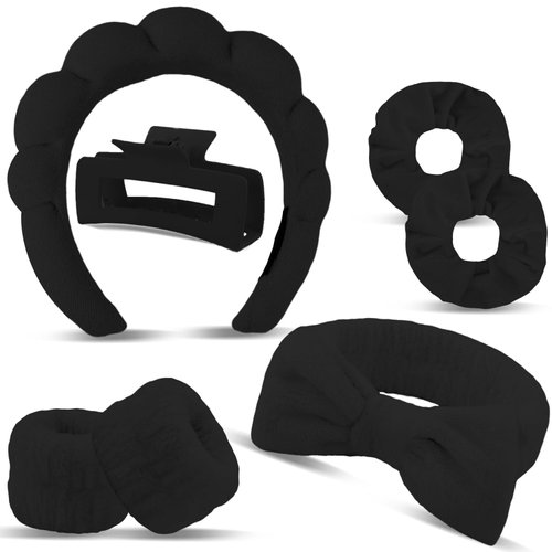AUDTOPE 7Pcs Spa Headband and Wristband Set, Face Wash Headband Makeup Skincare Headband Wrist Bands Thick Puffy Sponge Bubble Headband Wrist Scrunchies Claw Clips for Washing Face, Black