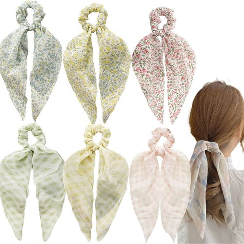 Pink Yellow Blue Hair Scarf Scrunchies for Women Girls, Bowknot Scrunchies for Hair, Chiffon Floral Scrunchie Long Hair Bands Ties Ponytail Holder (6PCS Flower and Plaid)