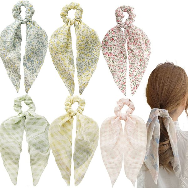 Pink Yellow Blue Hair Scarf Scrunchies for Women Girls, Bowknot Scrunchies for Hair, Chiffon Floral Scrunchie Long Hair Bands Ties Ponytail Holder (6PCS Flower and Plaid)