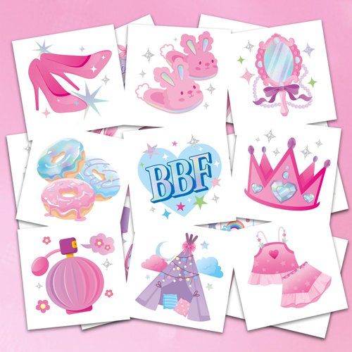 Qpout 96Pcs Sleepover Party Temporary Tattoos for Girls Movie Night Goodie Bag Favors 48 Styles Cute Slumber Pajama Themed Tattoos Stickers for Kids Girls Women Pink Bday Party Favors Supplies