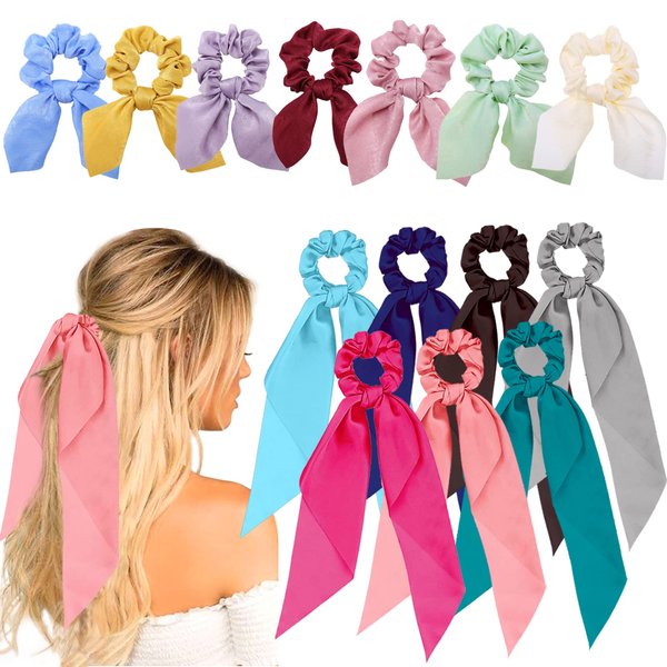 14 Pieces Hair Scarf Scrunchies, Bow Hair Ties, Satin Scrunchies with Bow Hair Ribbon Ponytail Holders, Bunny Ear Hair Bands Bowknot Hair Accessories for Women Girls