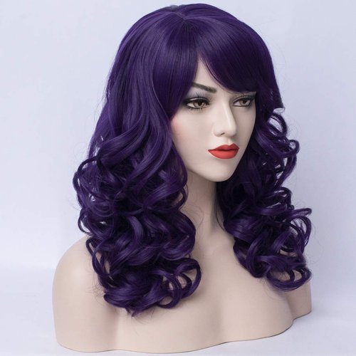 PATTNIUM Dark Purple Wig Women Shoulder Length Curly Purple Wig With Bangs for Women and Girls Synthetic Cosplay Costume Wig (Dark Purple)
