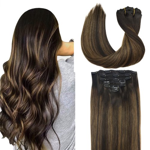 GOO GOO Clip in Hair Extensions Real Human Hair, Remy Human Hair Extensions Clip ins for Women, Natural Human Hair, 22inch 120g 7Pcs, 2/6/2 Balayage Dark Brown to Chestnut Brown