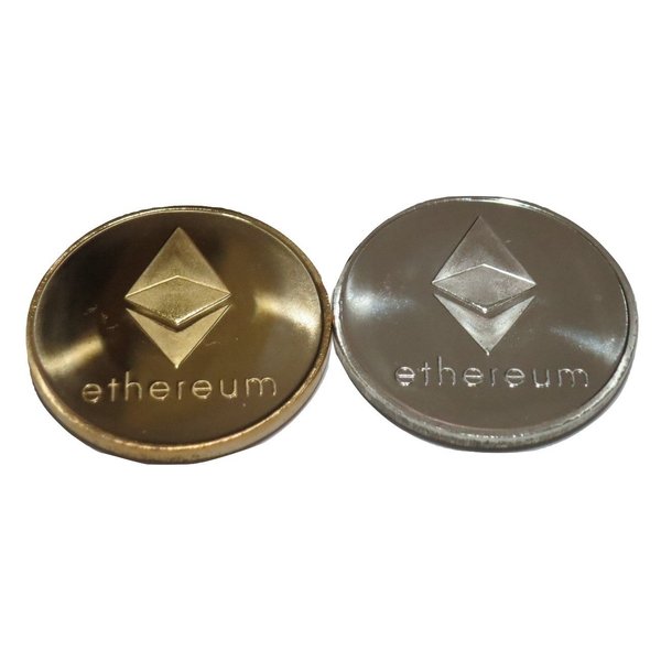 TrendyLuz 2 PC Colored Set Ethereum ETH Physical Display Metal Novelty Play Chip Tokens in Plastic Holder Cases Velvet Pouch by