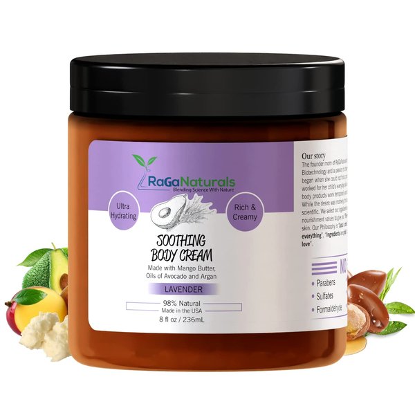 RaGaNaturals Calming Lavender Hand and Body Cream – Nourishing Mango Butter with Argan & Avocado Oil - All Natural, French Lavender Essential Oil, Vegan - Dry, Sensitive, Itchy Skin & Eczema - 8 Fl Oz