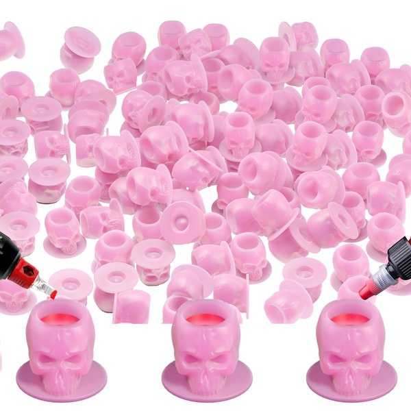 OZER Tattoo Ink Cups with Stable Base and 200pcs Tattoo Ink Cup Skull Disposable Silicone Tattoo Pigment Cup Pink