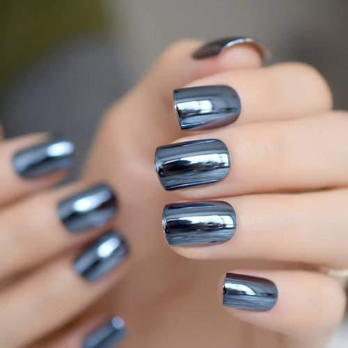 ELEVENAIL Press On Nails Reflective Mirror Blue Metallic Stick On Fake Nails Salon DIY Acrylic Manicure Reusable Medium Short Square False Acrylic Nail Art Tips for Women Girls