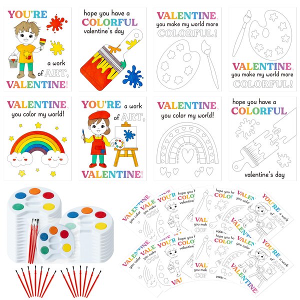 CPicdn 24 Pack Valentine’s Day Gifts Mini Watercolor Kids Paint Set, DIY Valentines Greeting Card Watercolor Paint Bulk for Boys Girls School Classroom Exchange Gift Valentines Cards Party Favors
