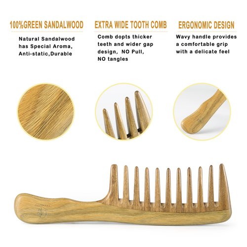 O BRUSHZOO Wood Hair Comb for Women Men, Wide Tooth Comb for Curly Thick Long Wet Dry Hair, Wooden comb for Hair Massage Detangle