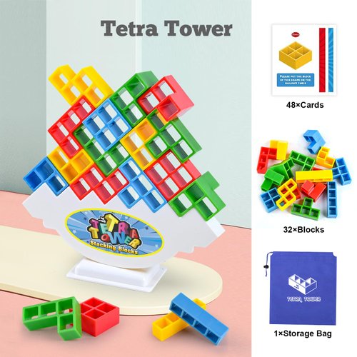Tetra Tower Balancing Stacking Toys, 32PCS Board Games for Kids & Adults, 2 players Balance Game Team Building Blocks STEM Toy with Storage Bag, Boys Girls Gifts, Perfect for Family, Parties, Travel