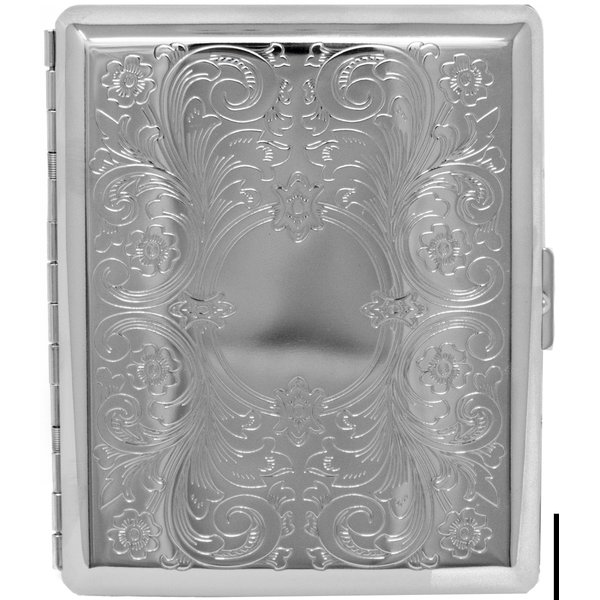Silver Victorian Scroll (20 100s) Etched Metal-Plated Cigarette Case & Stash Box