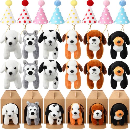 Simgoing 12 Set Mini Plush Toy Stuffed Animals Adopt a Dog Set Include 12 Pcs Stuffed Dogs 12 Kraft Paper Boxes 12 Birthday Hats for Animal Theme Party Gift Favors