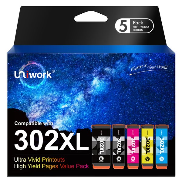 Uniwork Remanufactured 302XL Ink Cartridge Replacement for Epson 302XL Printer Ink Cartridges 302XL 302 XL T302XL T302 to use with Expression Premium XP-6000 XP6000 XP-6100 (PBK/BK/C/M/Y, 5 Pack)
