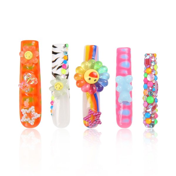 LOVFUL Handmade Press on Nails with Lovkashi Flower Design | Colorful Acrylic Stick On Nails | Reusable Full Cover Nails| 2.16in Long Square | H65 (M)