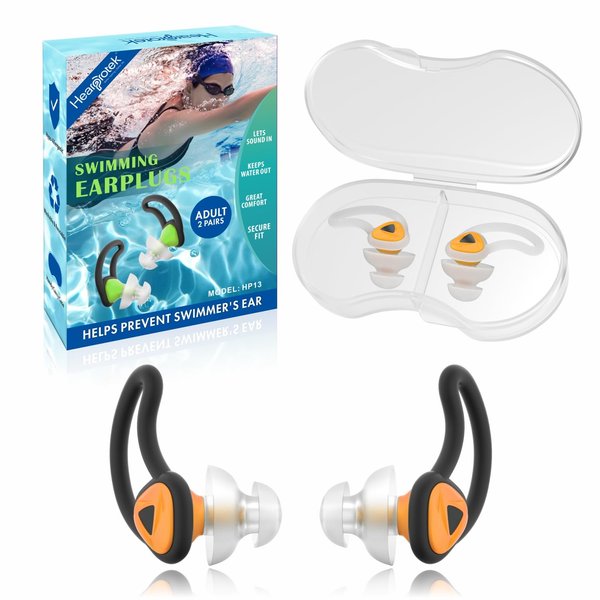 Hearprotek Ear Plugs for Swimming, [2 Pairs] Swim Ear Plugs Adults-Waterproof Silicone Water earplugs for Men Women Juniors Swimmers Pool Shower Bathing (Orange)