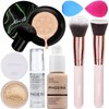 PHOERA Foundation Full Coverage Makeup, Mushroom Head Air Cushion CC Cream Natural Foundation, PHOERA Primer, PHOERA Powder, Brushes Foundation Brush,2 Makeup Sponge(102Nude+ 02Natural CC)