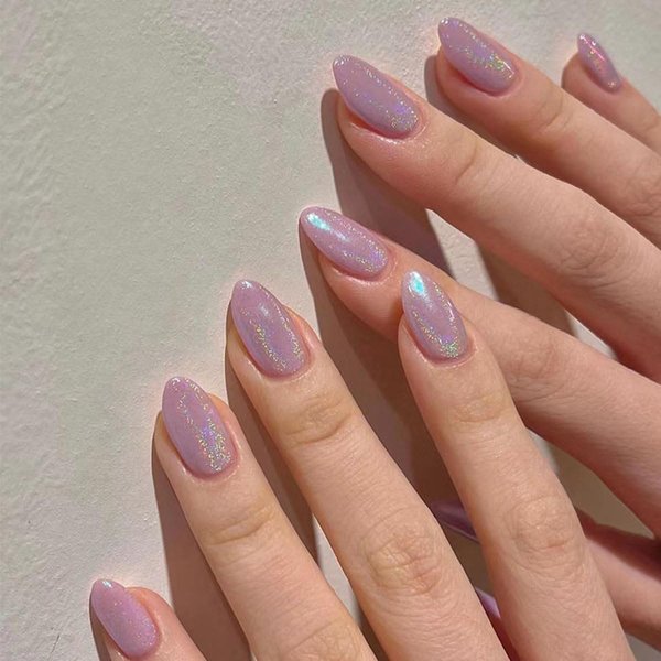 24 Pcs Purple Press on Nails Short Almond - MINGCHUN Summer Aurora Fake Nails Press ons French Nail Art Tips with Glitter Design Full Cover Acrylic False Nails Glue on Nails Stick on Nails Kit