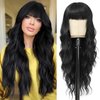 Black Wig With Bangs Long Wavy Wig for Women Curly Wavy Hair Wigs Heat Resistant Synthetic Curly Natural Black Wigs Hair Replacement Wigs for Girls Daily Party Use 24inch(Black)