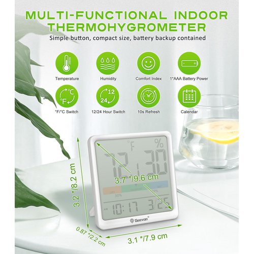 Geevon Digital Indoor Thermometer Hygrometer, Wireless Temperature Humidity Meter with Comfort Index, 1*AAA Battery, Calendar, Small Room Temperature Monitor for Home, Greenhouse, Bedroom, White