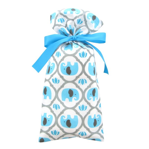 Elephants Reusable Fabric Gift Bag for Baby Shower, Child’s Birthday, or Any Occasion (Skinny 6.5 Inches Wide by 15 Inches High, Turquoise Blue)