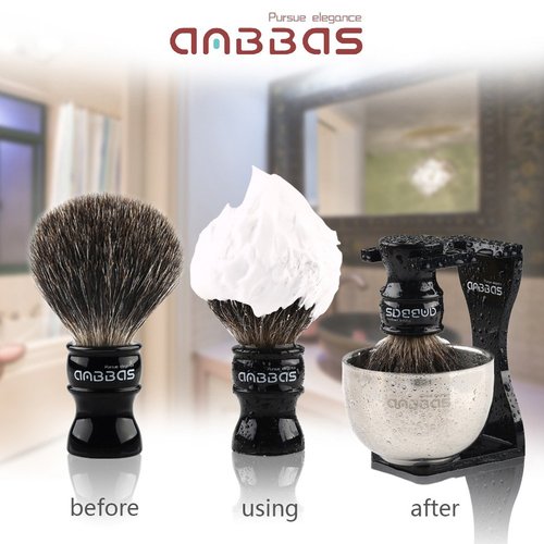 Anbbas Shaving Set, 4in1 Pure Black Badger Shaving Brush with Long Resin Handle and Acrylic Thicken Shaving Stand,Soap Bowl Stainless Steel and Goat Milk Shaving Soap 100g Men Gift Kit