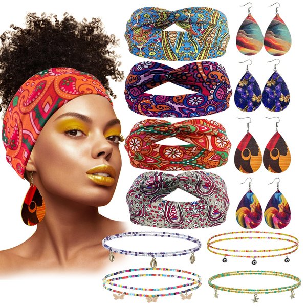 PLANTURECO 4 Sets African Headband with Leather Earrings Body Chain African Boho Wide Headbands for Women African Head Wrap Hair Accessories for Women