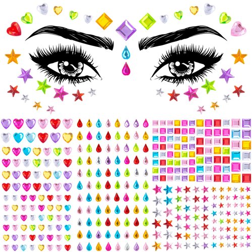 Mxxipp 352pcs Face Gems Jewels, Self Adhesive Rhinestones Stickers, Face Gem Decals Tattoos Rainbow Body Face Eye Hair Gems Stickers for Christmas Halloween Rave Party Carnival Music Festival