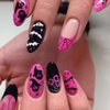Halloween Press on Nails Medium Almond - Pink Black French Fake Nails Pink False Nails Press ons With Ghost Bat Spider Web Design Full Cover Acrylic Nail Tips Glue on Nails for Women Girl 24Pcs