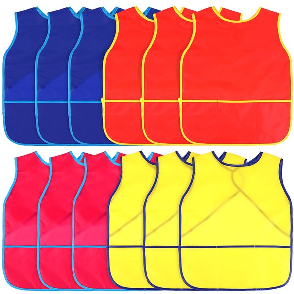 Juinipe 12 Pcs Art Smock for Kids Waterproof Artist Painting Aprons Sleeveless Children Art Smocks with Pockets Art Craft(Multicolor)