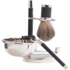"Mach 3" Razor & Pure Badger Brush with Soap Dish on Chrome Black Stand.