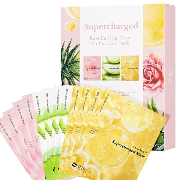 SNP - Supercharged Korean Face Sheet Mask - 12 Sheets Variety - 4 Collagen, 4 Aloe, 4 Rose- Best Gift Idea for Mom, Girlfriend, Wife, Her, Women