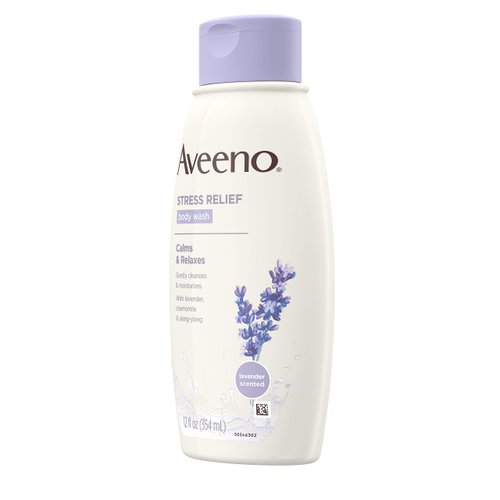 Aveeno Stress Relief Body Wash with Soothing Oat, Lavender, Chamomile & Ylang-Ylang Essential Oils, Dye- & Soap-Free Calming Body Wash for Shower Gentle on Sensitive Skin, 12 fl. oz