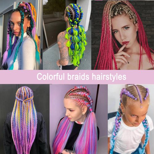 3 Pack Colored Braiding Hair 24 Inch Colorful Braiding Hair for Braids Synthetic Colored Hair Extensions for Braiding Rose Red/sky blue/light purple M2