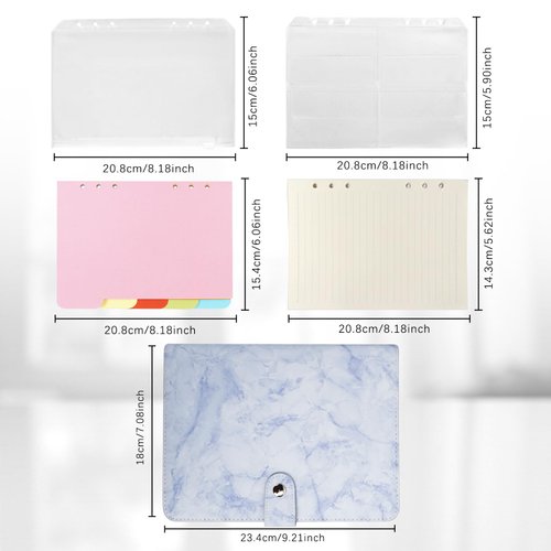 FYY Leather A5 Binder 6 Ring Binder Notebook - Refillable Notebook A5 Planner Binder with Binder Pockets, A5 Dividers, A5 Refill Paper, PU Leather Travel Binder Journal Cover Binder Marble Blue