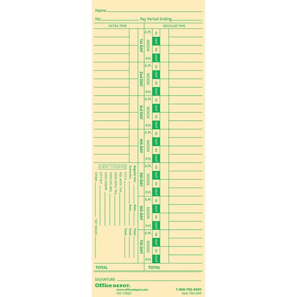 Office Depot Time Cards, Biweekly, Days 1-7, 2-Sided, 3 3/8in. x 8 7/8in., Manila, Pack of 100, GB-740040