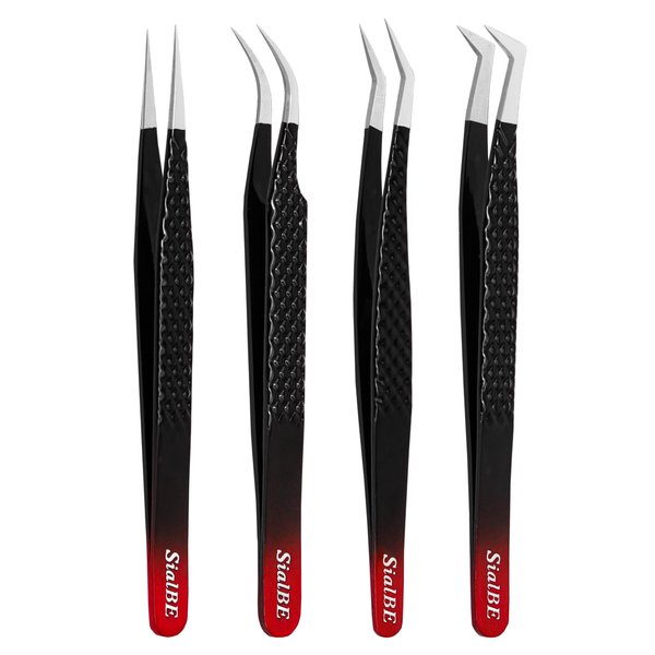 Lash Tweezers-SialBE Diamond Grip Eyelash Tweezers-4 Pcs Eyelash Extension Tweezers With Silver Tip, Multipurpose Eyelash Tweezers For Extensions