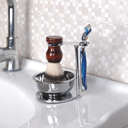 PerPro Deluxe Stainless Shave Razor Stand + Shaving Soap Bowl with Shaving Brush,Compatible with Gillette Fusion and Mach 3,Double Edge Safety Razor,Cartridge Razor