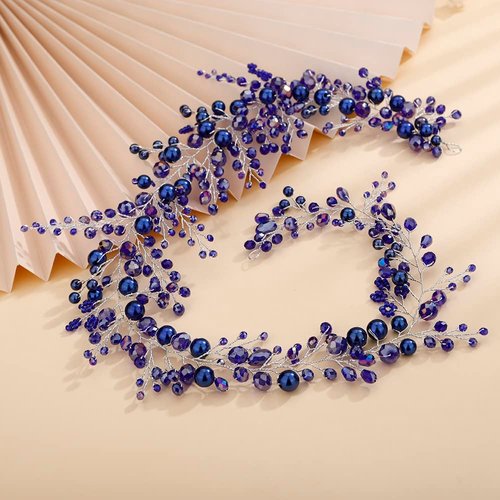 Teyglen Bridal Crystal Pearl Beads Hair Vine Blue Rhinestone Long Headband for Bride Vintage Rhinestone Headpieces Wedding Hair Accessories for Women Girls (Blue)