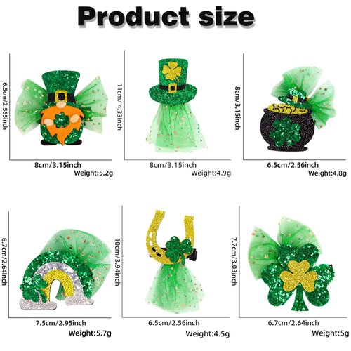 YOOLEETC 6PCS St. Patrick’s Day Girls Hairpin, Lucky Clover Hairpin Headpiece & Shimmering Green leaf hairpin,Green hat bobby pins, Lucky gold coin hair accessories.