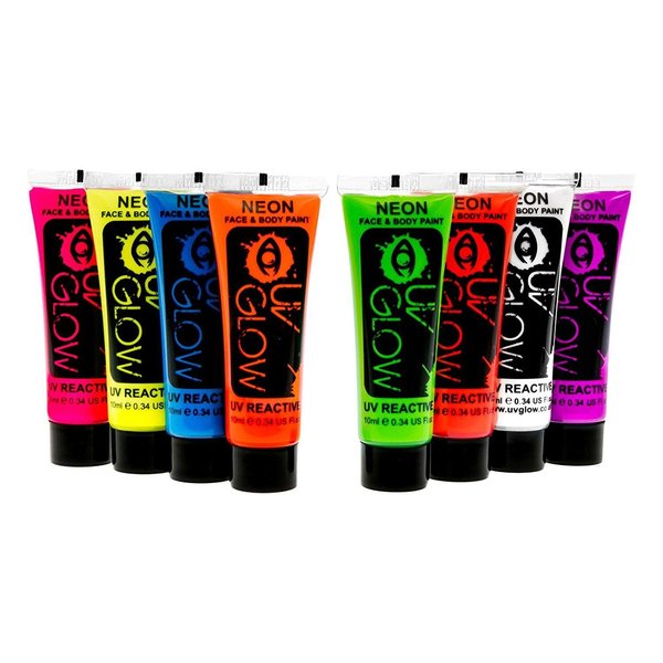 Uv Glow Blacklight Face and Body Paint 0.34oz - Set of 8 Tubes - Neon Fluorescent (All Colours)