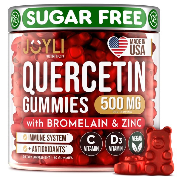 JOYLI Quercetin Gummies - Pure Quercetin with Bromelain Zinc Vitamin C & Vitamin D3 - Quercetin Supplement 500MG for Immune System & Allergy - Quercetin for Kids and Adults - 60 Quercetin Chewable
