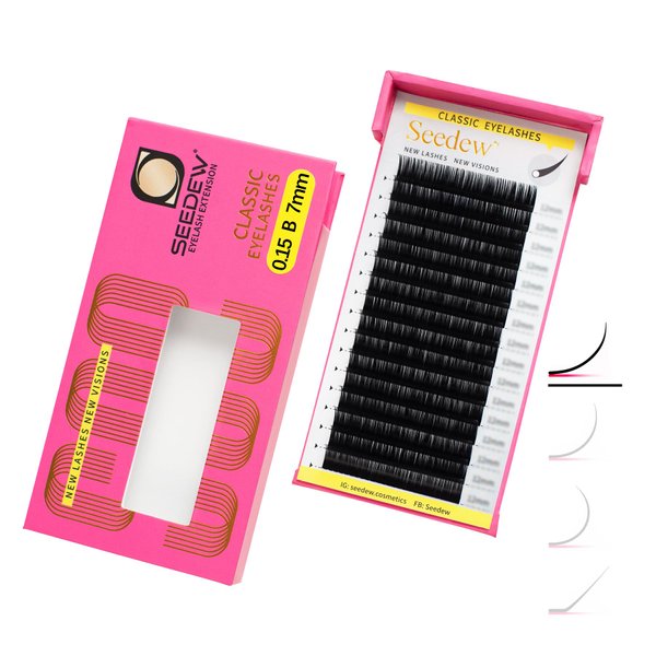 SEEDEW Classic Individual Eyelash Extensions, 7mm B Curl 0.15mm 16 Rows/Tray, Single Natural Soft Lightweight Short Bottom Lashes Grafting Supplies for Lash Artists Salons (Matte Black-0.15-B-7mm)