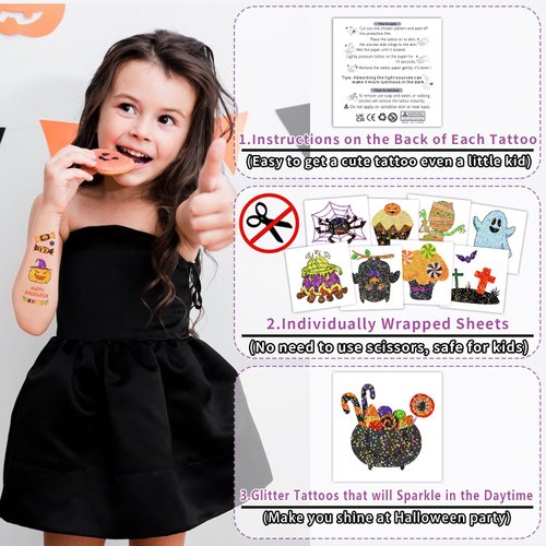Partywind Glitter Halloween Party Supplies for Kids Treats, 50 Styles Kids Tattoos for Halloween Party Decorations Favors, Surprise Goodie Bag Stuffers for Boys Girls Halloween Birthday Party