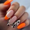 DOCVOEOMH Almond Shaped Press on Nails Medium Orange Acrylic Fake Press Ons Nails with French Leopard Print Design Glue on Full Cover Artificial False Stick on Nail for Girls Women Daily Wear 24PCS