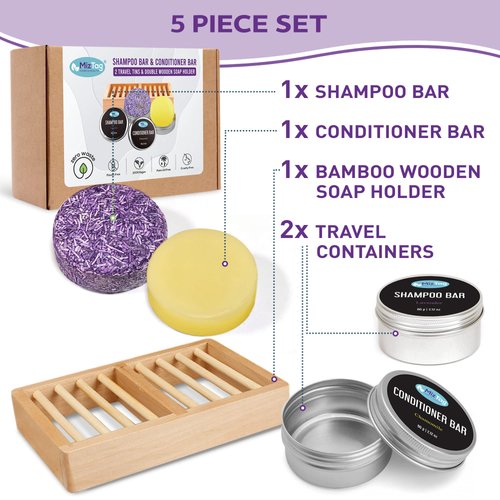 Solid shampoo and conditioner bar set - 5pcs with Vegan Shampoo and Conditioner Bar Set with Holder & Travel Tins - Paraben-free - Eco Friendly